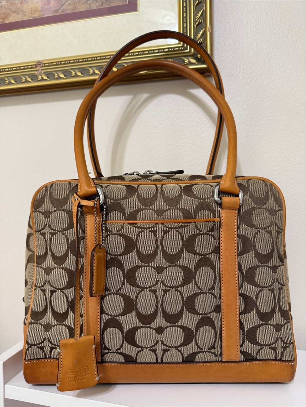 Vintage Coach Brown/Tan Signature Canvas Satchel with Leather Trim